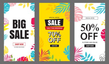 Reklam için yaz indirimi poster şablonları. Tropikal ve plaj elementleri olan el ilanları..