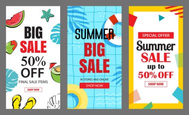 Reklam için yaz flaşı poster şablonları. Tropikal ve plaj elementleri olan büyük indirimli el ilanları..