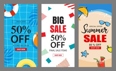 Reklam için yaz indirimi poster şablonları. Tropikal ve plaj elementleri olan büyük indirimli el ilanları..