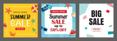 Sosyal medya reklamları için yaz indirimi afişleri. Tropikal ve plaj elementleriyle satılık pankart seti.