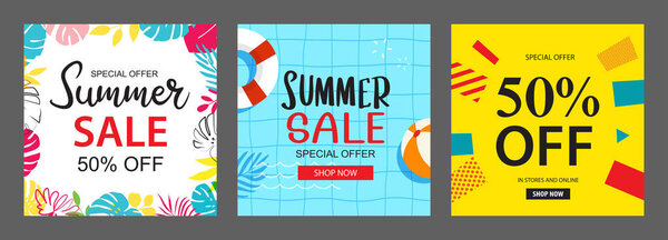 Summer sale banner templates for social media advertising. Set of sale banner with tropical and beach elements.