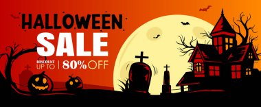 Cadılar Bayramı afiş şablonu arka planı. Cadılar Bayramı promosyonları perili evler, mezarlar, aylar, yarasalar, eğlence balkabağı sahneleri..