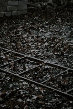 Sonbaharda loş bir ormanda yapraklarla kaplanmış demiryolu raylarını unutmuş.