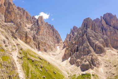 Drone photography of dolomite mountain peaks during summer day.