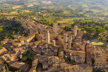 Drone photography of old italian town san gimignano during summer day
