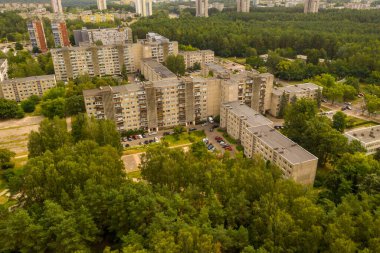 Drone photography of old multistory apartment block in eastern europe during summer day