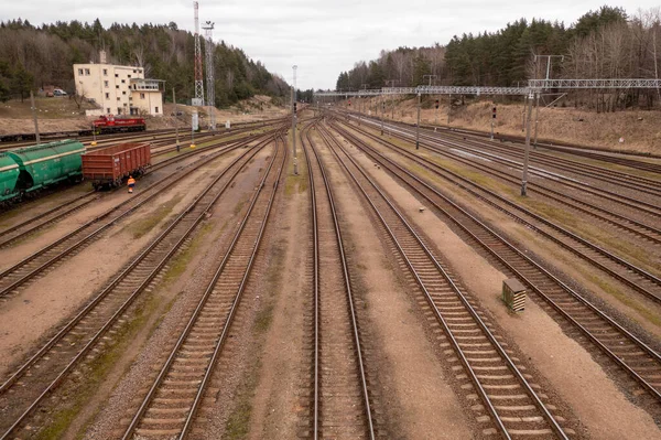 Drone Photography Railway Depot Cargo Carriages Train Winter Cloudy Day — Stock Photo, Image