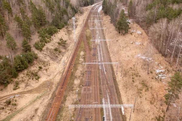 Drone Fotografie Van Spoorweg Depot Rails Tijdens Winter Bewolkt Dag — Stockfoto