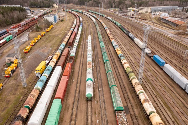 Photographie Par Drone Dépôt Ferroviaire Des Wagons Marchandises Train Pendant — Photo