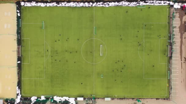Drone Filmato Della Partita Calcio Pratica Nel Campo Calcio Durante — Video Stock