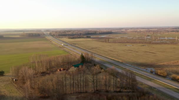 Imágenes Drones Carretera Rodeada Campos Agrícolas Bosques Durante Mañana Primavera — Vídeo de stock