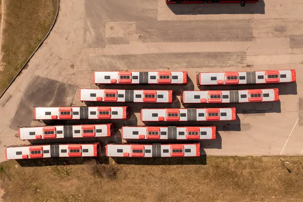 Photographie Par Drone Parking Autobus Beaucoup Autobus Dans Une Ligne — Photo