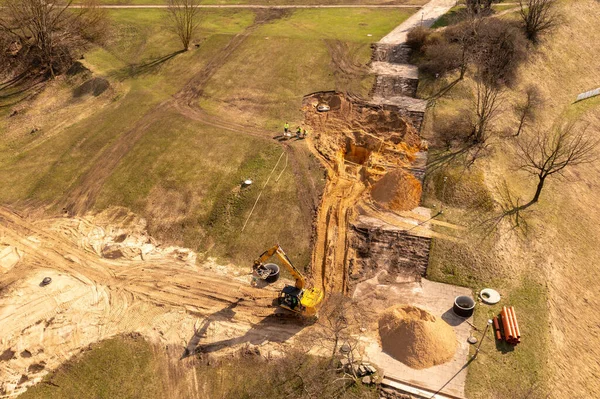 Drone Fotografering Byggarbetsplats Park Som Arbetar Nya Trottoaren Sommardagen — Stockfoto