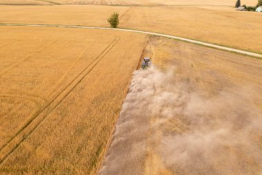 Güneşli yaz günlerinde traktörle arazi eken bir çiftçinin drone fotoğrafı.