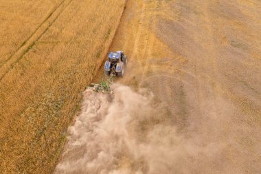 Güneşli yaz günlerinde traktörle arazi eken bir çiftçinin drone fotoğrafı.