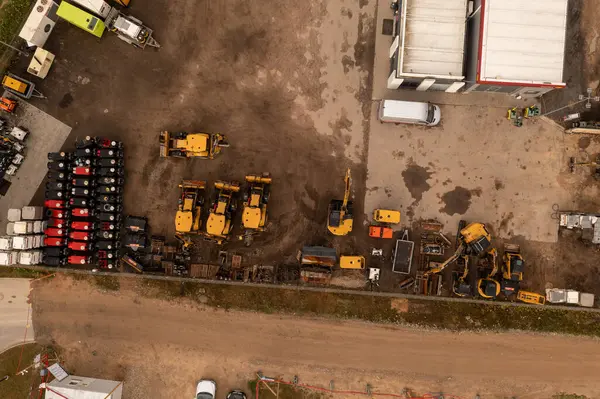 Photographie Par Drone Stationnement Des Machines Construction Pendant Journée Été — Photo