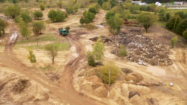 Drone Footage New Construction Waste Dump Site Dump Truck Driving — Stock Video