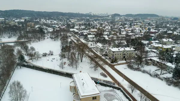 Kentin insansız hava aracı fotoğrafçılığı ve kış bulutlu bir günde karla kaplı doğal park