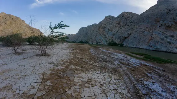 Bahar akşamı Umman 'da bir nehrin yanında kurumuş nehir yatağı ve lastik izleri.