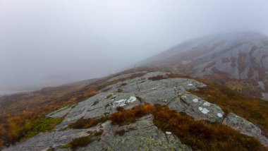 Kayalık arazi ve seyrek bitki örtüsüyle sisli bir dağ manzarası.