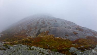 Kayalık arazi ve seyrek bitki örtüsüyle sisli bir dağ manzarası.
