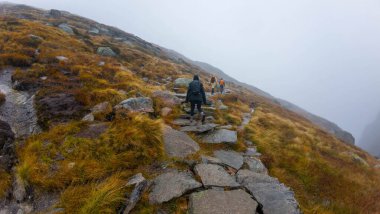 Sisli havada kayalık bir dağ yolunda yürüyen yürüyüşçüler..