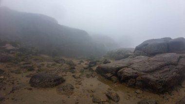 Kayalık arazisi ve düşük görüş mesafesi olan sisli dağ manzarası.