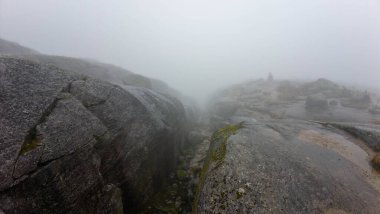 Büyük kayalar ve minimum bitki örtüsüyle sisli bir arazi gizemli bir atmosfer yaratıyor..