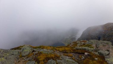 Aşağıdaki gizli vadiye bakan kayalık arazi ve seyrek bitki örtüsüyle sisli bir dağ manzarası. Yalnız bir yürüyüşçü, puslu sahneye bir ölçek duygusu ekleyerek kenarda durur..