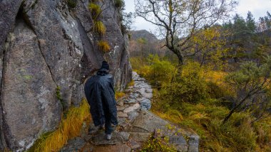 Sonbahar yeşillikleriyle çevrili, kayalık bir patika boyunca yağmurluk giymiş bir insan, uçurumun kenarında yürüyor..