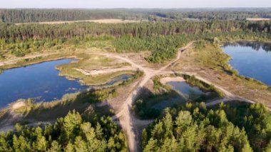 Toprak yollar ve küçük göllerle kesişen orman manzarası.