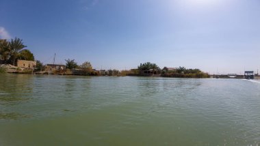 Sahil boyunca uzanan palmiye ağaçları ve binalarla berrak mavi bir gökyüzünün altında sakin bir nehir manzarası..