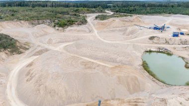 Büyük kum yığınları, makineleri ve küçük bir göleti olan bir kum ocağının havadan görünüşü..