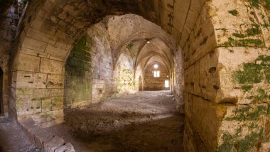 Loş bir koridorda yosun kaplı duvarları olan antik taş kemer yolları. Krak des Chevaliers kalesi, Suriye