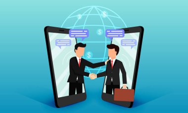 İş adamları telefonda iş ortaklığı kavramını cep telefonlarıyla paylaşıyorlar. İşletmeyi büyütmek için uzun mesafeli iletişim teknolojisidir..