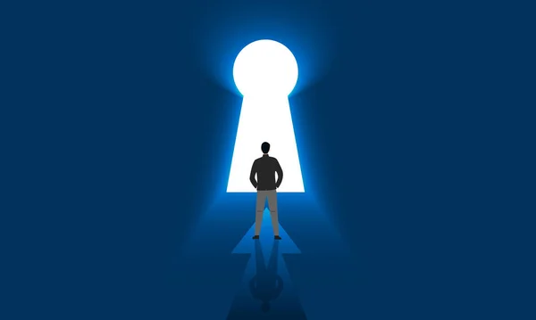 stock vector businessman standing in front of the white door to success Shows the success of the business that lies ahead just by doing it.