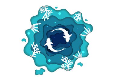 Denizin altından kesilen soyut arka plan kağıtları, balıkların yaşadığı denizin altı ve etrafındaki yosun mercanları okyanusun altında çok çeşitli canlılar var..