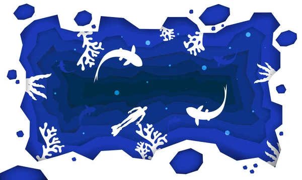 Абстрактная Фоновая Бумага Разрезанная Морем Морем Обитают Рыбы Окружающие Коралловые — стоковый вектор