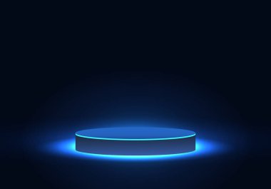 Teknolojik ürün yerleştirme podyumu mavi tonlarda ve neon ışıklarının ışığı satışları artırmak için ürünün çekiciliğini artırıyor. Ürün sergileri için poster olarak kullan.