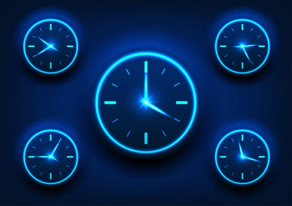 多只表的技术背景用来告诉时间分贝时钟在深蓝色背景上发出蓝色光芒 并使之从背景中脱颖而出 — 图库矢量图片