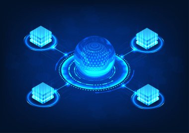 Yapay zeka çemberinin veri ve sinyal dönüştürücü olarak kullanıldığı dijital arkaplan. Gelişmiş bağlantıyı sembolize ederek veri sunucularını kablosuz ağlar aracılığıyla bağlar.