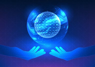 Teknolojinin insancıllıkla buluştuğu yapay zeka. Eller teknolojik çizgilere uzanıyor, A.Mükemmelliğin insan ve ileri teknoloji arasındaki sinerjiyi iletmek için sembolize ediliyor.