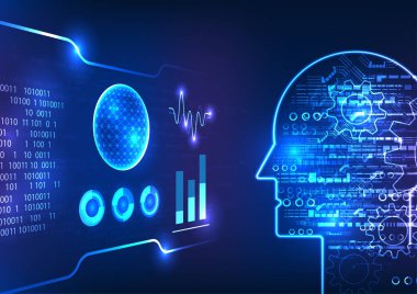 Yapay zeka teknolojisi. Teknoloji ekranı, hevesli bir robot öğrenmesini ortaya çıkarıyor. Devre kartı, parlak güneşi örtüyor ve büyüleyici bir kompozisyon oluşturuyor..