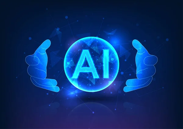 人間が生み出す人工知能の力 人の手による輪の中に輝くAi文字で ビジネスにおけるテクノロジーの役割を表し 革新と接続を促進します — ストックベクタ