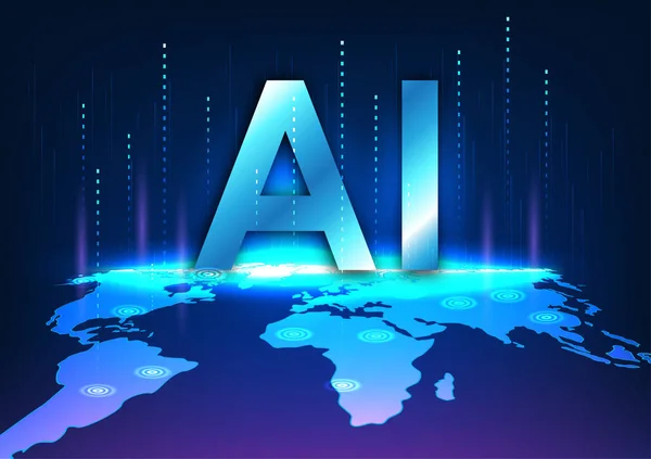 沉浸在具有技术概念的人工智能技术中 世界地图顶部的字母 连接线上升 描绘了人工智能技术在全球的应用 — 图库矢量图片