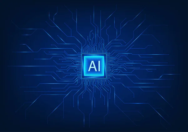 この未来的なベクトル図と人工知能技術の力 回路基板に囲まれた青基調のマイクロチップは Aiを現代のテクノロジーにシームレスに統合することを意味します — ストックベクタ