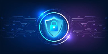 Güvenlik teknolojisi, içinde kilit olan bir kalkan, yanında devre kartı olan bir teknoloji çemberi. Siber verilerin sızmasını ya da kaybolmasını engelleyen bir teknoloji..