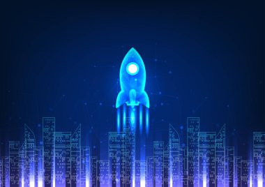 Akıllı şehir teknolojisi Roketleri şehrin ekonomisinin büyümesi ve insanların refahının artması için teknolojinin hızlı gelişmesini sembolize ediyor..