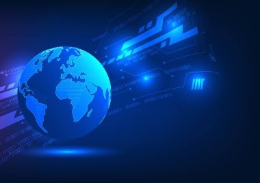 Akıllı teknoloji dünyası. Devreleri ve sayı kodları olan dünya, tüm dünyayı kapsayan bilgi teknolojisini, yüksek hızlı ekonomide iletişim verileri göndererek birbirine bağlıyor.