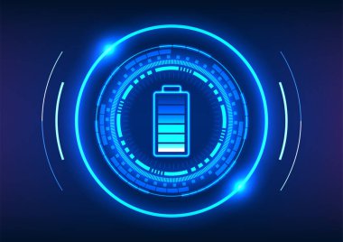 Yüksek teknoloji çemberinin içindeki pil teknolojisi elektriksel ekipmanlarla çalışan bir teknolojidir. Mavi tonlarda bir vektör illüstrasyonudur..